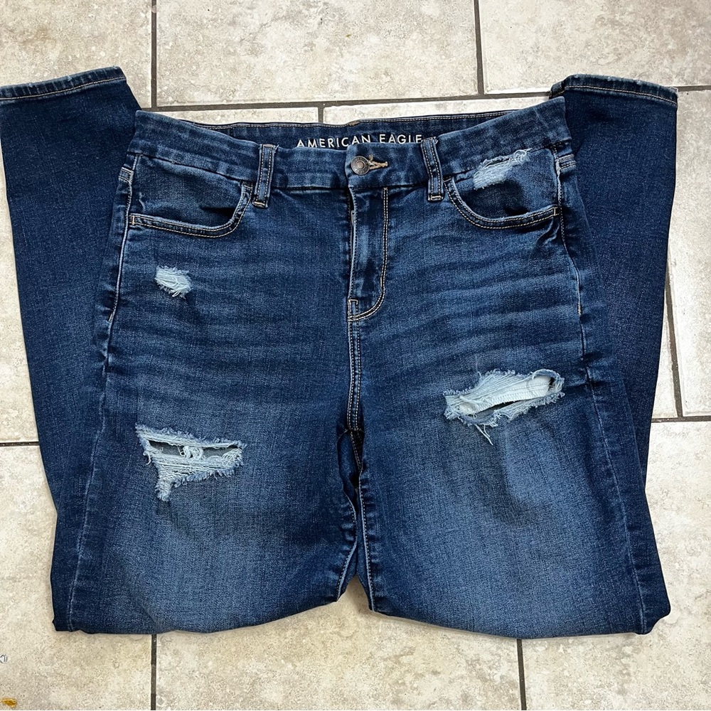 American Eagle Outfitters Blue Skinny Jeans with Distressed Details